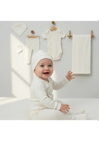 Resim Milays 0-3 Ay Bebeklere %100 Pamuk Çıtçıtlı Body Li Havlulu 7 Parçalı Zıbın Takımı ekru 