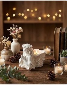 Resim ZEROXO Dua Eden Melek Figürlü Mumluk | Romantik Beyaz Tealight Şamdan Dekor Objesi | Yeni Ev Hediyesi Beyaz 7 x 7 