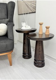 Resim AYLESA Doğal Ahşap 2’li Set Mantar Yan Sehpa Modern Koyu Ceviz Renk Fiskos Zigon Çiçeklik 