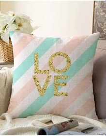Resim RealHomes Çift Taraflı Beyaz Zeminli Gold Detaylı Love Yazılı Dijital Baskılı Modern Raşel Örme Yastık Kılıfı 