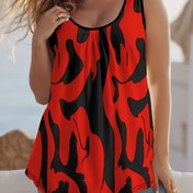 Resim Kadınlar için şık büyük beden kırmızı ve siyah soyut desenli tank top - Kolsuz, ruched göğüs tasarımı, orta esneklik, yazlık rahat giyim, rahat yazlık giyim | Cesur desenli üst | Esnek kumaş 