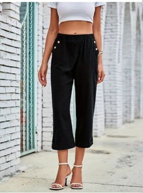 Resim Kadın Beli Lastikli Düğme Ve Cep Detaylı Kapri Ithal Keten Pantolon Siyah 