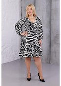 Resim Kadın Siyah Beyaz Zebra Desen Kruvaze Yaka Esnek Bel Büyük Beden Elbise Siyah - Beyaz 