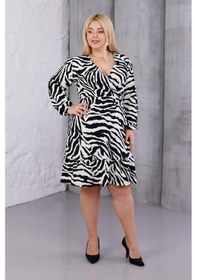 Resim Kadın Siyah Beyaz Zebra Desen Kruvaze Yaka Esnek Bel Büyük Beden Elbise Siyah - Beyaz 