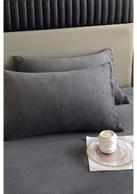 Resim Mulberry Kadife Kumaş Fitted Lastikli Çarşaf Takımı 160x200+30 Cm Antrasit 