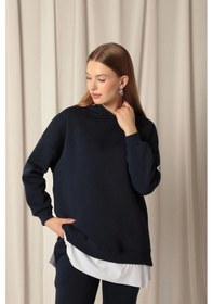 Resim Üç İplik Kumaş Kapüşonlu Kadın Lacivert Sweat Çok Renkli 