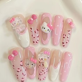 Resim 30 adet/kutu Kawaii Hellokitty Basın Tırnakları Seti - Orta Uzun Badem Şekilli Tırnak Uçları, Parlak Bitişli Karikatür Basın Tırnakları ile Tırnak Taşları ve İnciler Günlük Kullanım ve Tatil Hediyeleri için Mükemmel 