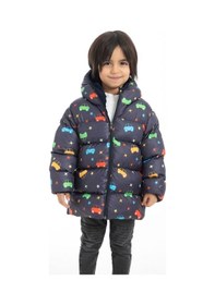Resim Erkek Çocuk Polarlı Kapüşonlu Araba Yıldız Ay Desenli Kışlık Şişme Mont & Kaban-31 Lacivert 