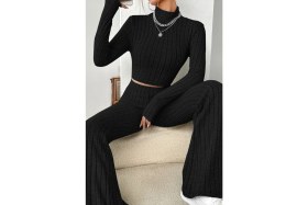 Resim Cm Store Kadın Siyah Boğazlı Crop Top ve Yüksek Bel Eşofman Takımı Spor Şık Kombin 