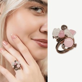 Resim Bakır Bronz Alaşım Kadın Yüzük - Amorf Pembe Kuvars Doğaltaşlı - Retro Tasarım - Ayarlanabilir Ölçü 