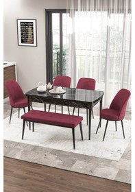Resim Canisa Zen Serisi 80x132 Mdf Açılabilir Siyah Mermer Desen Masa Takımı 4 Bordo Sandalye Ve 1 Bench Masa Siyah Mermer Desen Sandalye Bordo 