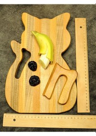 Resim Çocuk Için Kedi Şeklinde Ceviz Ve Kayın Ağacından Ahşap Kesme Tahtası Ve Bıçağı Ahşap 