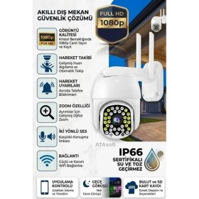 Resim ATAsoft 360 Derece Yönlendirilebilir Wifi Akıllı Haraket Sensörlü Takip 4x Zoom Ip Su Geçirmez Iç Dış Mekan Kamera 32 Ledli 1080P BLM05 