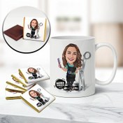 Resim Kadın Kuaför Karikatürlü Kupa ve Çikolata 