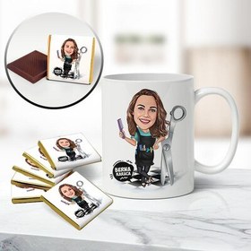Resim Kadın Kuaför Karikatürlü Kupa ve Çikolata 