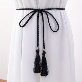 Resim Kadınlar için Bohem Püsküllü Bel Kemeri - Düğün, Parti, Günlük Kıyafetler için Ayarlanabilir Elbise Kemeri - Boho Tarzı İnce Bel Kemer (Standart Boy, Arkadan Bağlanır) - Tüysüz, Yıkanamayan Aksesuar 