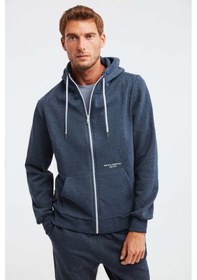 Resim Grimelange Momentum Erkek Fermuarlı Yuksek Yaka Kapüşonlu Nakışlı Kordonlu Içi Polarlı Lacivert Sweatshirt 