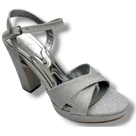 Resim Erbay 308-26 Simli Saten Çapraz Bant Kalın Topuk Kadın Sandalet 11cm Gümüş 