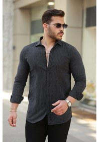 Resim Erkek Çizgi Desenli Uzun Kollu Pamuklu Keten Gömlek Siyah 