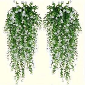 Resim 2 Adet UV Dayanıklı Beyaz Çiçekli Yapay Sarmaşık - Gerçekçi Herdem Yeşil Plastik Asılabilir Bitki | İç Mekan/Dış Mekan Düğün, Sevgililer Günü ve Bahçe Dekoru için Kolay Kesim Yapay Bitki 