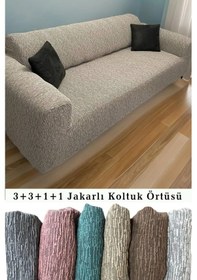 Resim StartMall Jakarlı Çubuk Desen Koltuk Örtüsü 3+3+1+1 Takımı Lastikli Esnek Yıkanabilir Çekyat Kanepe Kılıfı Kahve 