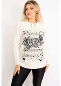 Resim Kadın Kemik Yakası Kuşgözü Bağcıklı Taş ve Baskı Detaylı Sweatshirt 65n34993-kemik Kemik 