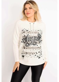 Resim Kadın Kemik Yakası Kuşgözü Bağcıklı Taş ve Baskı Detaylı Sweatshirt 65n34993-kemik Kemik 