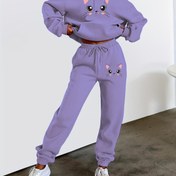 Resim Kadınlar için sevimli çizgi film kedi desenli rahat spor kıyafet seti, sıcak kapüşonlu bağcıklı bel sweatshirt ve joggers, polyester örgü kumaş, yuvarlak yaka, tüm mevsimler için rahatlık 