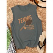 Resim Kadınlar İçin Kolsuz Tenis Yeleği - Siyah, Turuncu Raket ve Top Desenli, "TENNIS NEREDE HASSASLIK GÜÇLE BİRLEŞİR" Sloganlı, Yuvarlak Yaka, Makinede Yıkanabilir, Beden 63, Spor Giyim, Dayanıklı Sportif 