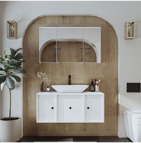 Resim Çanak Lavabolu Mat Mdf 105 Cm Banyo Dolabı + Aynalı Dolap Mat Beyaz 