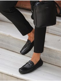 Resim Hakiki Deri Siyah Tokalı Erkek Loafer - Siyah 