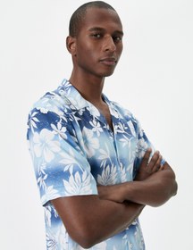 Resim Çiçekli Gömlek Desenli Kısa Kollu Devrik Yaka Viskon Kumaş Regular Fit 