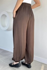 Resim Gülseli Kadın Bel Ve Paça Lastikli Şalvar Model Pantolon Kahve TZLP-00021430 