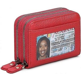 Resim Kadın Kredi Kartı Cüzdanı Kırmızı , Deri Kartvizitlik Rfıd Engellemeli Kadın Cüzdanı Fermuarlı Cüzdan 