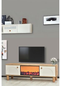 Resim Lidya 2 Kapaklı Alev Efektli Şömineli Tv Sehpası – Ahşap Detaylı Atlantik Çam / Krem 150x50x36 Cm 