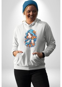 Resim Deniz Kızı Deniz Yıldızı Mavi Saçlı Kadın Erkek Beyaz Kapüşonlu Sweatshirt Hoodie Beyaz 