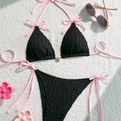 Resim Kadınlar için yazlık bikini takımı: Fiyonklu halter sütyen ve bel bağcıklı külot 2 parça mayo 