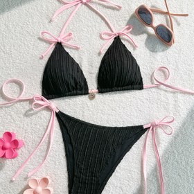 Resim Kadınlar için yazlık bikini takımı: Fiyonklu halter sütyen ve bel bağcıklı külot 2 parça mayo 