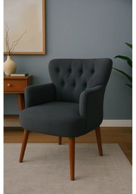 Resim Waterybrook Tekli Berjer Koltuk - Kapitoneli Babyface Kumaş - Ceviz Ahşap Ayaklı - Retro Modern Tasarım Antrasit 