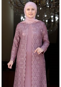 Resim Amine Hüma Papatya Tesettür Abiye Elbise Pudra 