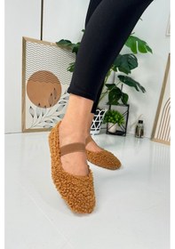 Resim Günlük Kadın Babet Lastikli Alçak Topuklu Tırtıklı Taban Peluş Hafif Oval Burunlu Ayakkabı 345 Taba 