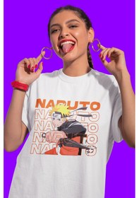 Resim Naruto Uzumaki Baskılı Unisex Oversize Anime Dizi Karakter Tişört Beyaz 