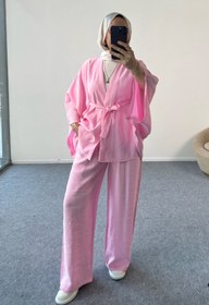 Resim Kimono Kesim Kuşaklı ve Taş Detaylı Takım 5212 - Pembe - Pembe / S-M 