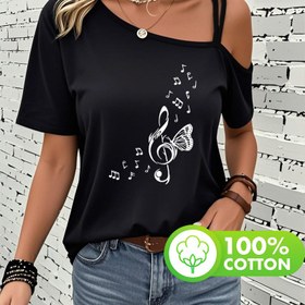 Resim Kadınların Şarkı Notu, Kelebek ve Müzik Notu Tasarımı ile Omuz Üstü T-Shirt - Bahar ve Yaz için Rahat Kısa Kollu Üst, İlham Verici Rahat Giyim | Şık Omuz Üstü Stil | Şık Harf Yazısı, Bayanlar T-Shirt'leri 