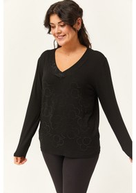 Resim Kadın Büyük Beden Çiçek Desen Taş Baskılı Siyah Bluz Siyah 