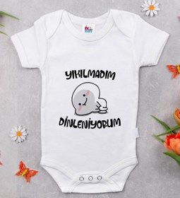 Resim Bitmeyen Kartuş Bk Kids Yıkılmadım Dinleniyorum Tasarımlı Beyaz Bebek Body Zıbın-1 