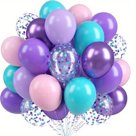 Resim 50 Adet Denizkızı Temalı Makaron Mor Pembe Mavi Balon Seti ve Metalik Konfeti Balonu ile Tatil Dekorasyonu Bebek Duşu, Denizkızı Temalı Doğum Günü Partisi Yetişkin Düğün Parti Süslemeleri 