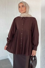 Resim Gülseli Tesettür Piliseli Gömlek Kahve TZL-P-00021787 