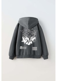 Resim Erkek Çocuk Mınecraft Modelli Pamuk Kapşonlu Sweat Füme 