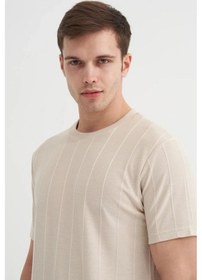 Resim Cazador Regular Fit Bisiklet Yaka İnce Çizgili Tişört Bej 